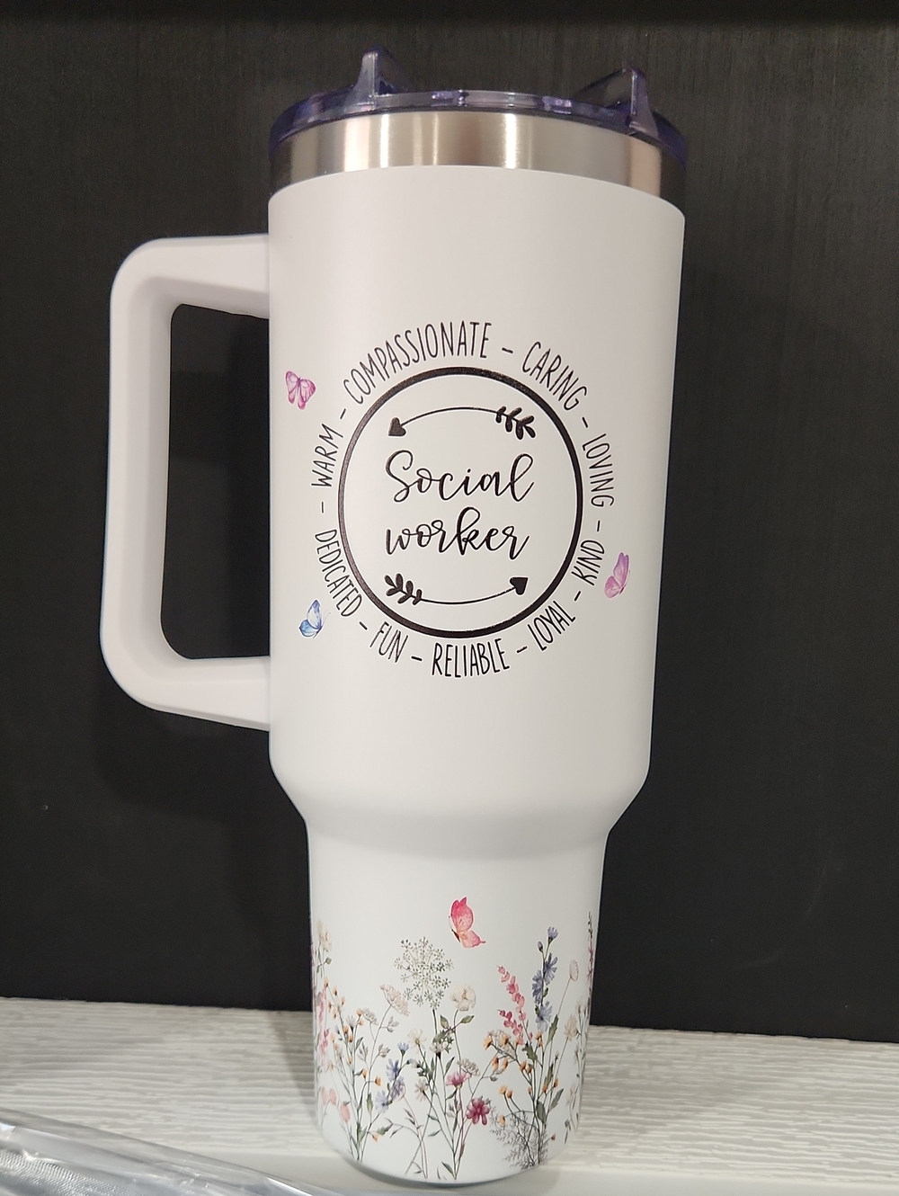 Social Worker White Floral Travel Mug
